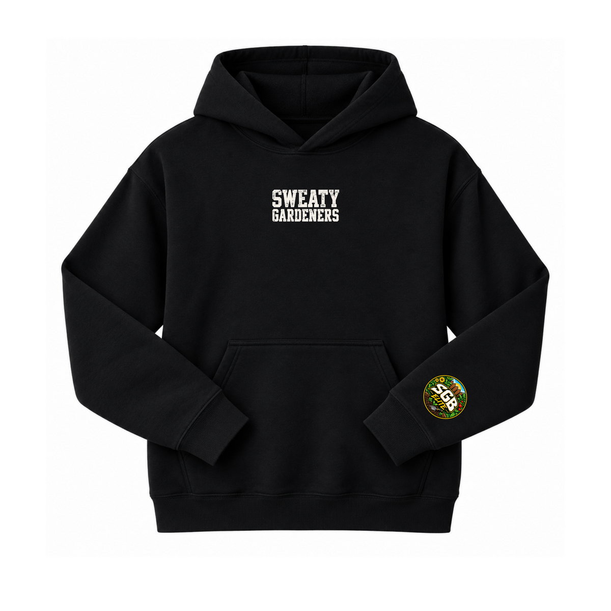 Black Sweaty Gardeners Signature Hoodie front and sleeve logo