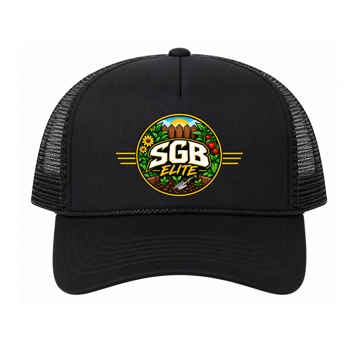 Black SGB Elite Signature Trucker Hat with gold accent stripes